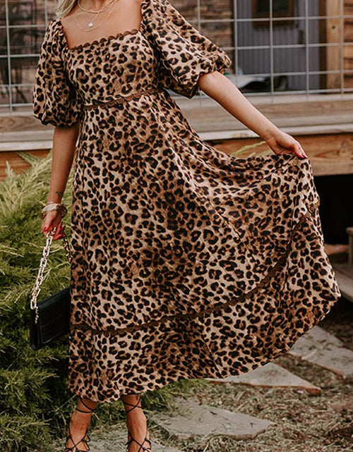 Load image into Gallery viewer, Leopard Square Neck Puff Sleeve Maxi Dress
