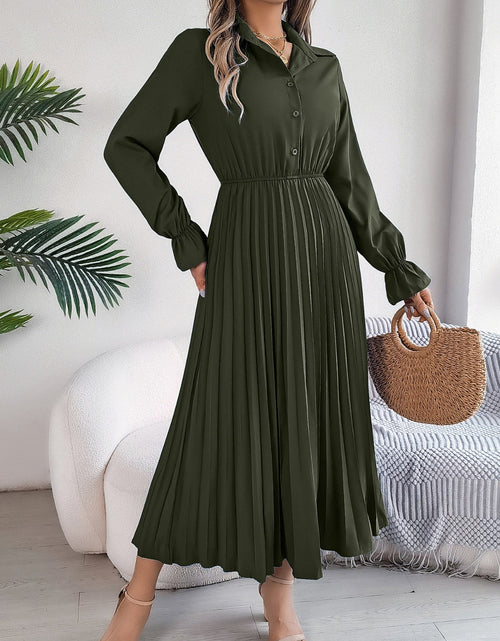 Load image into Gallery viewer, Pleated Half Button Long Sleeve Midi Dress
