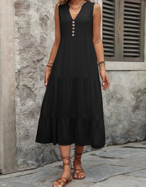Load image into Gallery viewer, Ivy Lane Decorative Button Notched Sleeveless Dress
