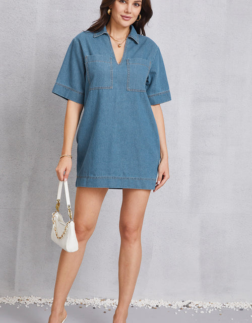 Load image into Gallery viewer, Pocketed Collared Neck Mini Denim Dress
