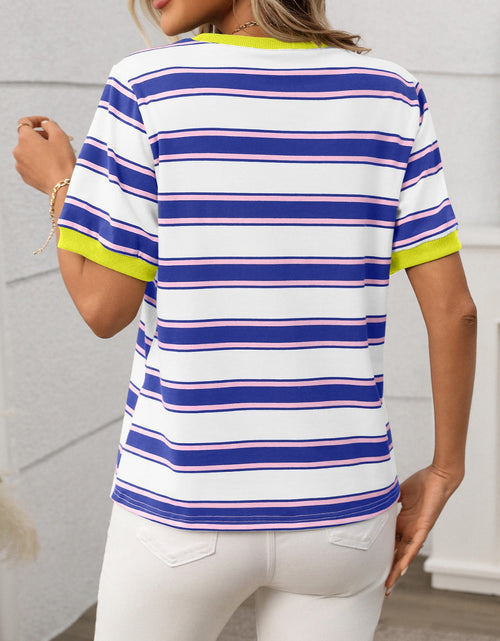 Load image into Gallery viewer, Contrast Striped Round Neck Short Sleeve T-Shirt
