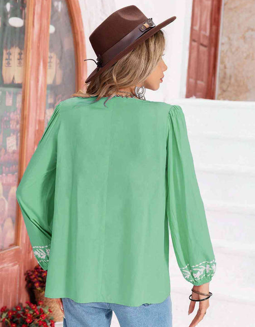 Load image into Gallery viewer, Floral Tie Neck Balloon Sleeve Blouse

