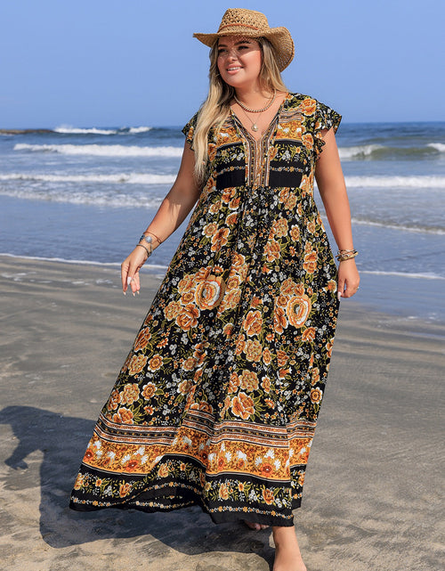 Load image into Gallery viewer, Plus Size Printed V-Neck Ruffle Cap Sleeve Maxi Dress
