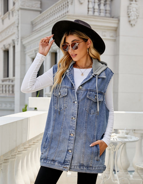 Load image into Gallery viewer, Drawstring Pocketed Button Up Sleeveless Denim Jacket

