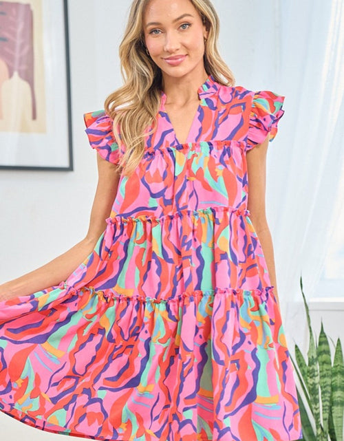 Load image into Gallery viewer, First Love Full Size Printed Ruffle Cap Sleeve Tiered Dress
