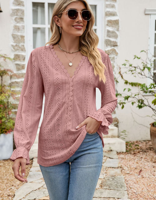 Load image into Gallery viewer, Eyelet Lace Trim Flounce Sleeve Blouse

