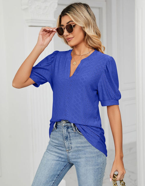 Load image into Gallery viewer, Florira Eyelet Notched Short Sleeve T-Shirt
