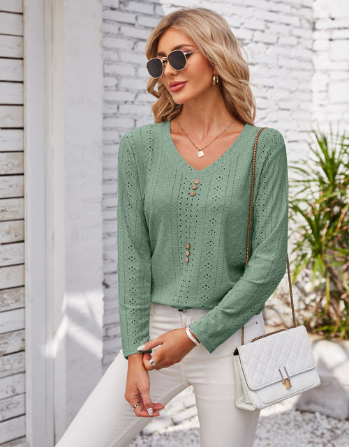 Load image into Gallery viewer, Decorative Button Openwork V-Neck T-Shirt
