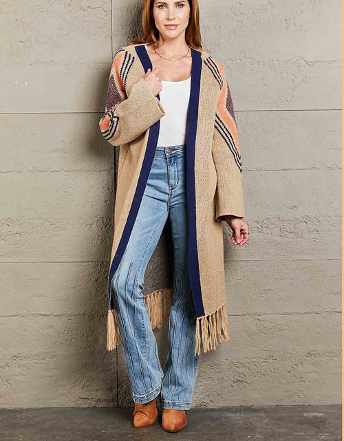 Load image into Gallery viewer, Angel Wings Geometric Fringe Hem Open Front Duster Cardigan
