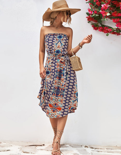 Load image into Gallery viewer, Printed Strapless Tie Belt Dress
