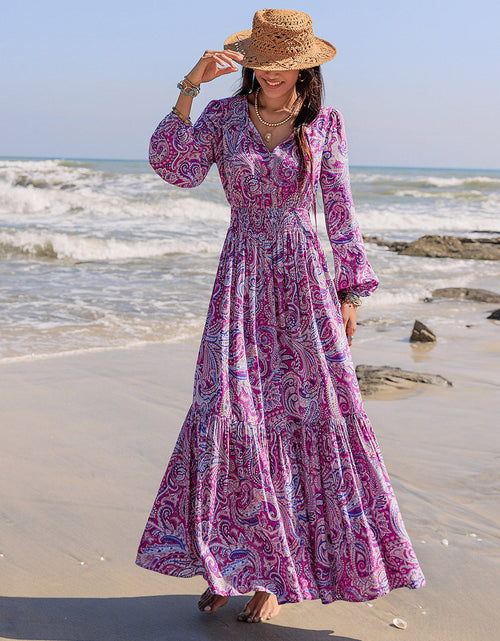 Load image into Gallery viewer, Printed Tie Neck Balloon Sleeve Maxi Dress
