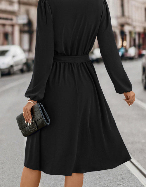 Load image into Gallery viewer, Tie Waist Notched Neck Long Sleeve Dress
