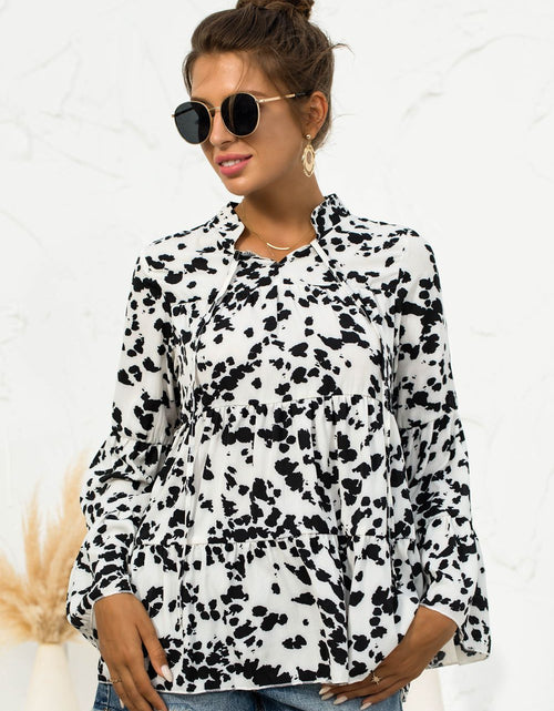 Load image into Gallery viewer, Printed Flare Sleeve Tie Neck Ruffle Trim Blouse
