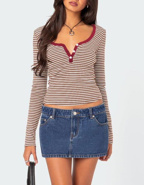 Load image into Gallery viewer, Buttoned Striped Long Sleeve T-Shirt
