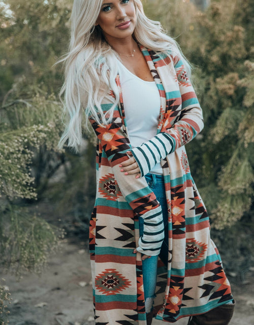 Load image into Gallery viewer, Multicolor Geometric Color Block Open Front Long Cardigan

