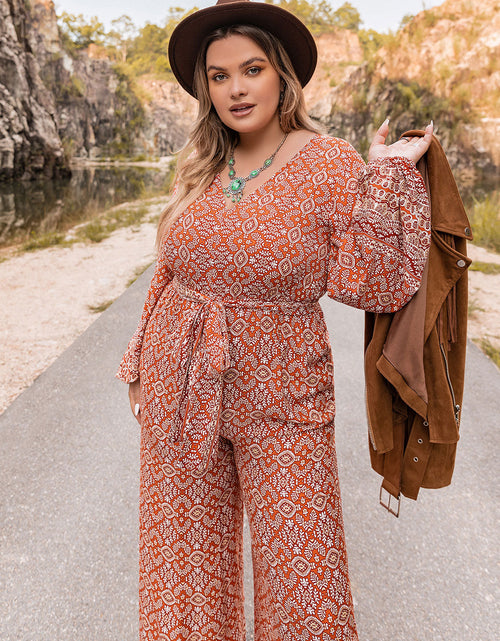 Load image into Gallery viewer, Plus Size Printed V-Neck Tie Front Balloon Sleeve Jumpsuit
