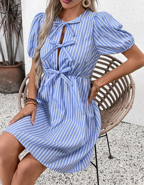 Load image into Gallery viewer, Perfee Tied Striped Short Sleeve Mini Dress
