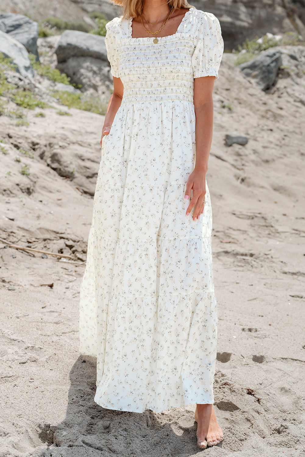Frilly Shirred Bodice Tiered Floral Maxi Dress by Poppy Lee Lane