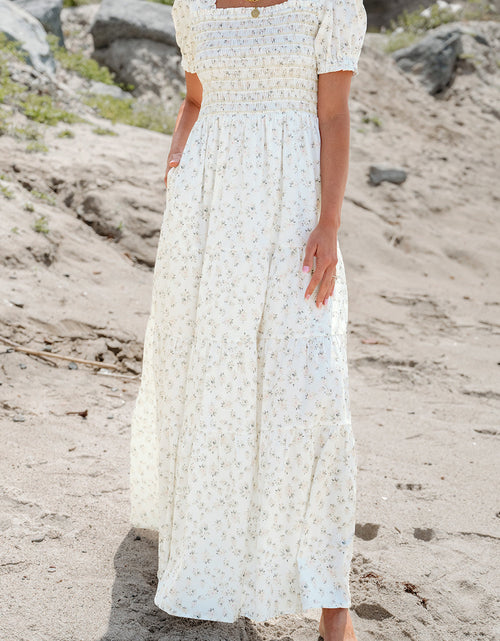 Load image into Gallery viewer, Robin Frilly Shirred Bodice Tiered Floral Maxi Dress by Threaded Pear
