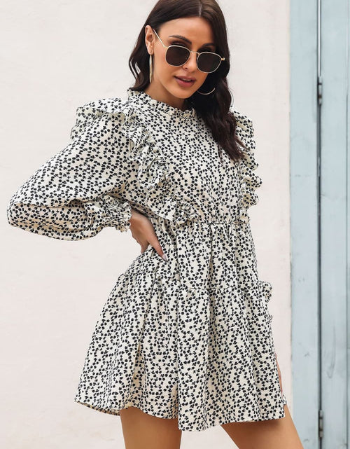 Load image into Gallery viewer, Printed Ruffle Trim Smocked Long Sleeve Mini Dress
