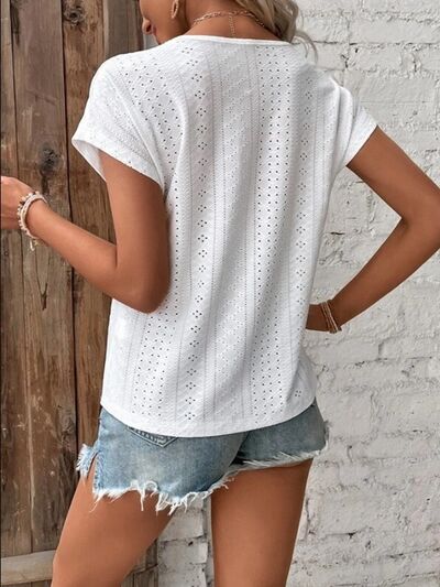 Load image into Gallery viewer, Eyelet V-Neck Short Sleeve T-Shirt
