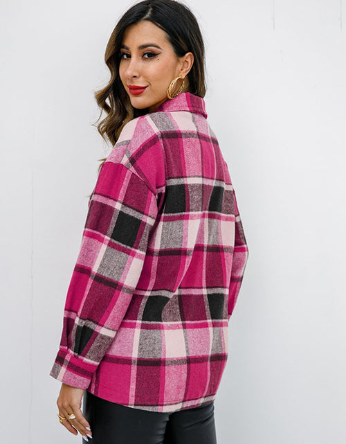 Load image into Gallery viewer, Shiny Plaid Button Up Collared Neck Jacket
