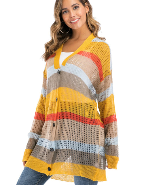 Load image into Gallery viewer, Color Block Openwork Long Sleeve Cardigan
