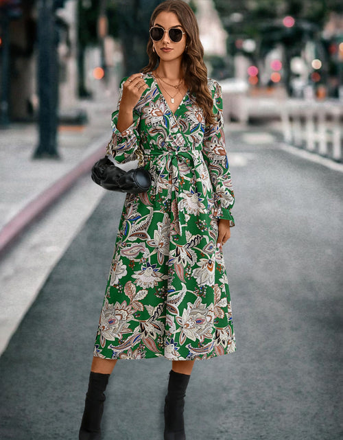 Load image into Gallery viewer, Printed Tie Front Surplice Flounce Sleeve Dress
