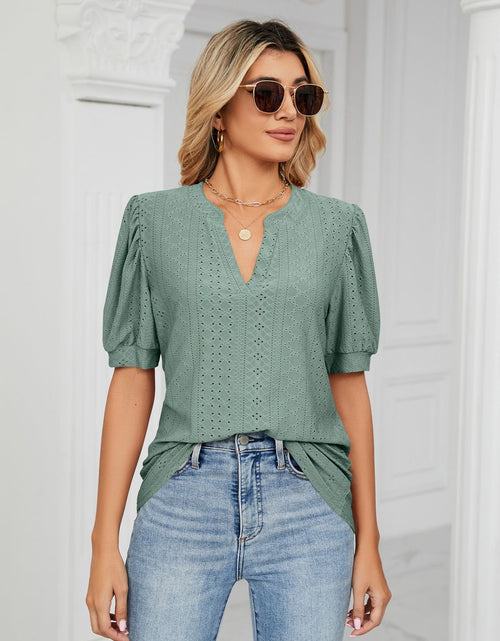 Load image into Gallery viewer, Florira Eyelet Notched Short Sleeve T-Shirt
