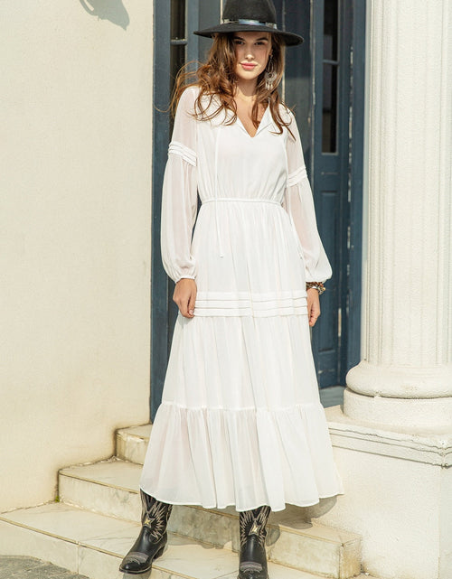 Load image into Gallery viewer, Tie Neck Long Sleeve Midi Tiered Dress
