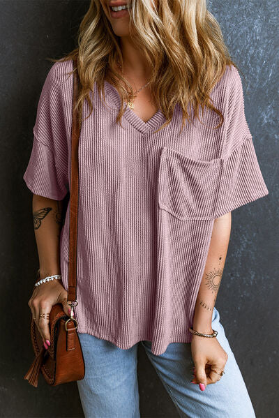 Load image into Gallery viewer, Textured V-Neck Dropped Shoulder T-Shirt
