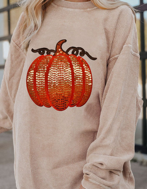 Load image into Gallery viewer, Sequin Pumpkin Round Neck Long Sleeve Sweatshirt
