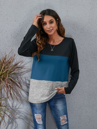 Load image into Gallery viewer, Color Block Round Neck Long Sleeve T-Shirt
