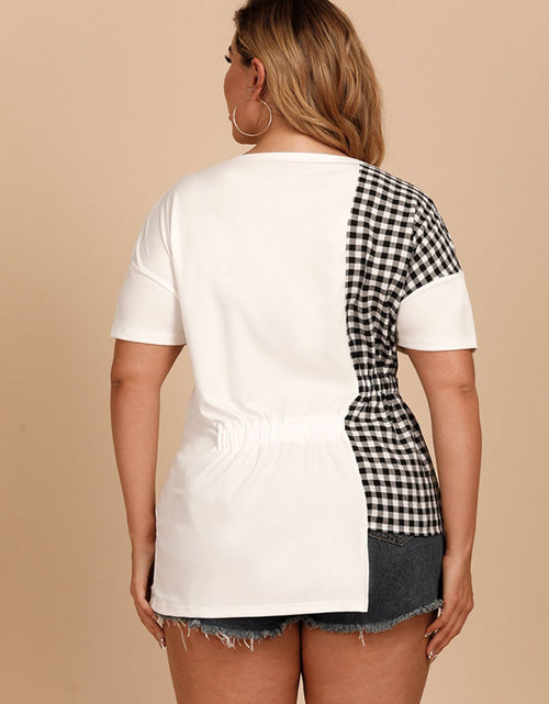 Load image into Gallery viewer, Plus Size Gingham Color Block Asymmetrical T-Shirt
