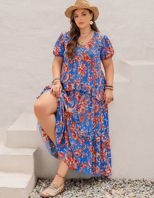Load image into Gallery viewer, Plus Size Ruffled Printed V-Neck Short Sleeve Maxi Dress
