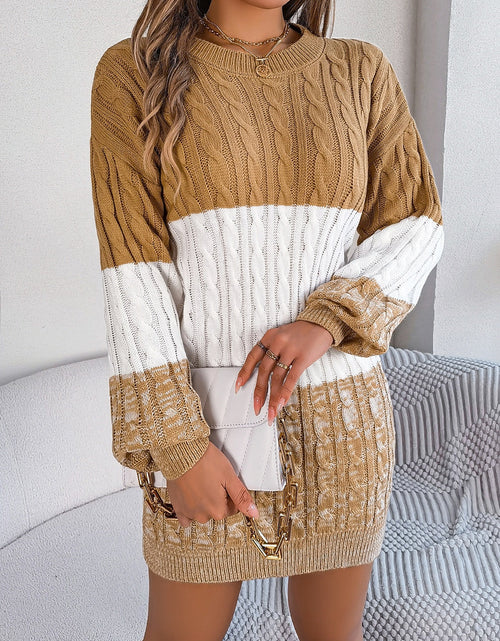 Load image into Gallery viewer, Cable-Knit Round Neck Color Block Sweater Dress
