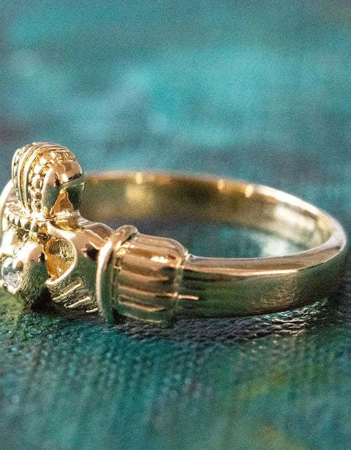 Load image into Gallery viewer, Antique Dainty Claddagh Ring Clear Swarovski Crystal 18k Irish Gold Womans Jewelry Claddagh Rings R3443 by PVD Vintage Jewelry
