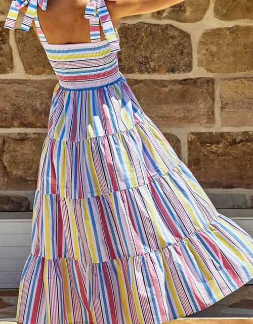 Load image into Gallery viewer, Striped Tie-Shoulder Smocked Tiered Dress
