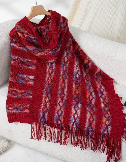 Load image into Gallery viewer, Fringe Contrast Hooded Poncho

