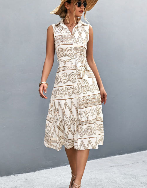 Load image into Gallery viewer, Printed Button Front Tie-Waist Sleeveless Collared Dress
