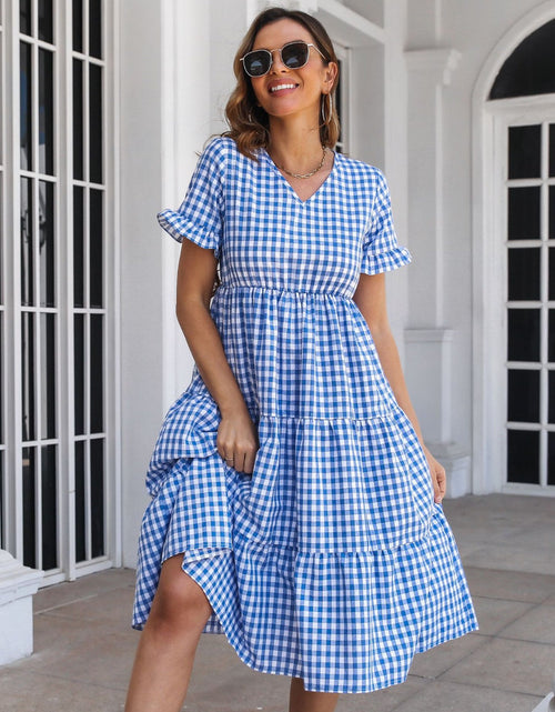 Load image into Gallery viewer, Plaid V-Neck Short Sleeve Midi Dress
