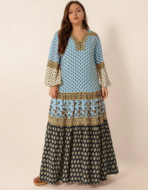 Load image into Gallery viewer, Plus Size Printed V-Neck Balloon Sleeve Maxi Dress
