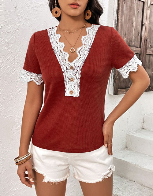 Load image into Gallery viewer, Ivy Lane Lace Detail V-Neck Short Sleeve T-Shirt
