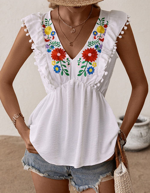 Load image into Gallery viewer, Perfee Embroidered Pom-Pom Trim Cap Sleeve Babydoll Top
