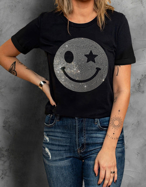 Load image into Gallery viewer, Rhinestone Smiley Round Neck Short Sleeve T-Shirt
