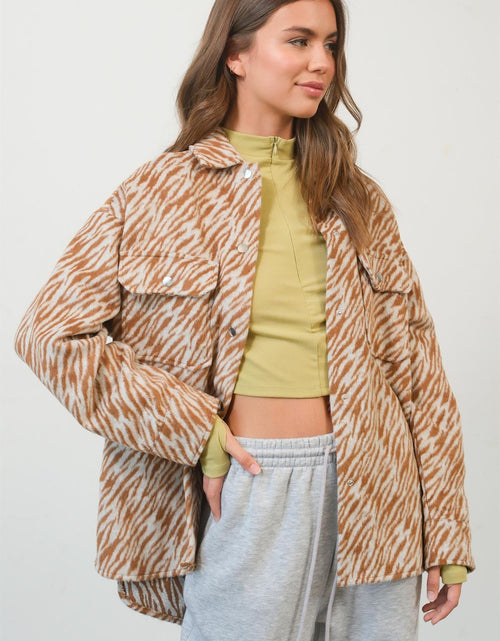 Load image into Gallery viewer, HYFVE Zebra Print Snap Down Long Sleeve Shacket
