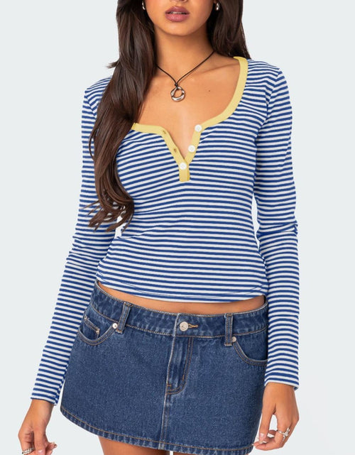 Load image into Gallery viewer, Buttoned Striped Long Sleeve T-Shirt
