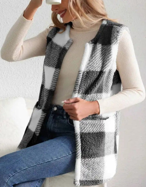 Load image into Gallery viewer, Sherpa Plaid Open Front Vest Coat
