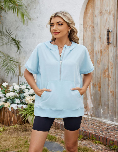 Load image into Gallery viewer, Half Zip Short Sleeve Hooded Top
