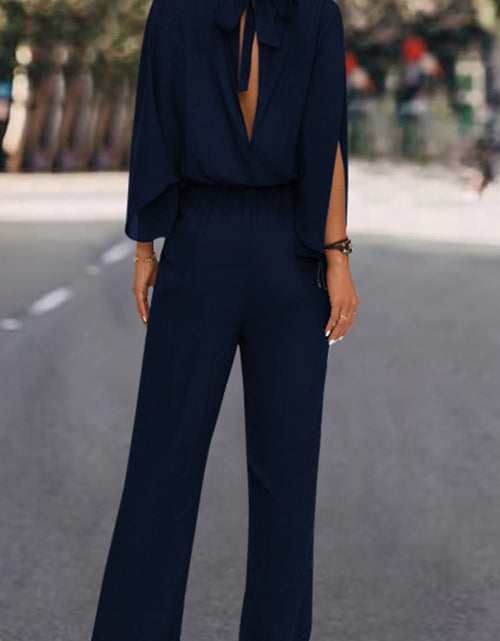 Load image into Gallery viewer, Tie Back Mock Neck Split Sleeve Jumpsuit
